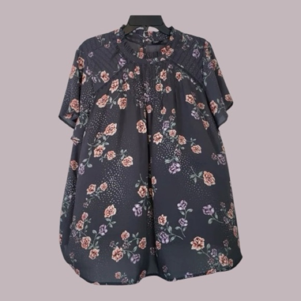 Torrid Gray Floral Georgette Lace Inset Short Sleeve Blouse